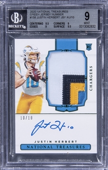 2020 Panini National Treasures Green Jersey Number #158 Justin Herbert Signed Patch Rookie Card (#10/10) - Herberts Jersey Number! - BGS MINT 9/BGS 10